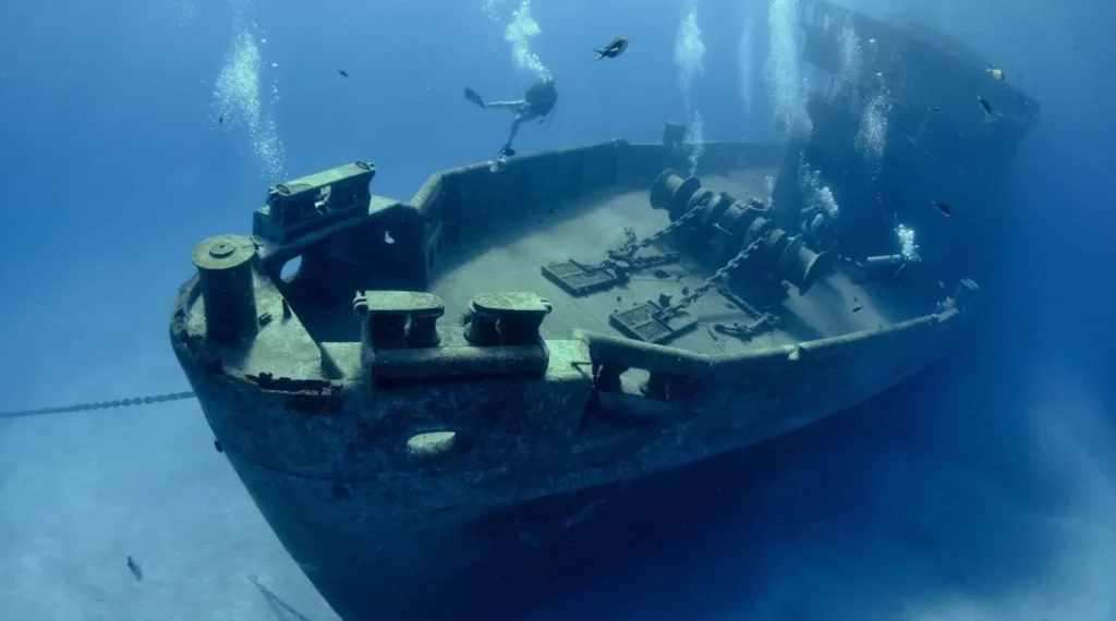The wreck of a ship off the coast of Grand Cayman, near Rum Point Beach Club.